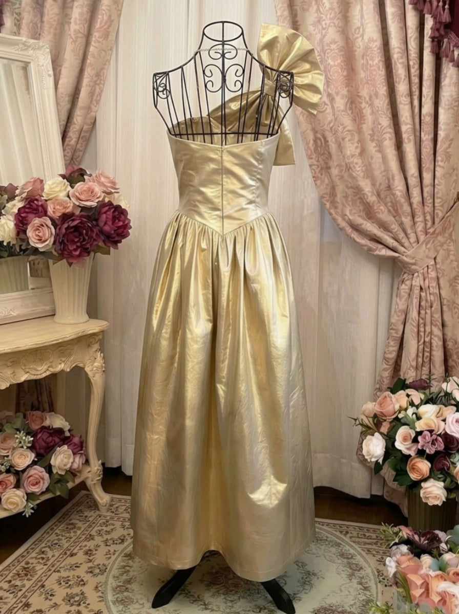 A-Line/Princess Strapless Taffeta Prom Dresses Vintage 80s Iridescent Dress Bowknot Sleeveless Ankle-Length