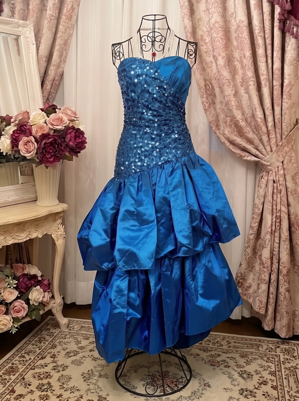 A-Line/Princess Strapless Taffeta Prom Dresses Vintage 80s Iridescent Dress Sequins Sleeveless Asymmetrical Tea-Length