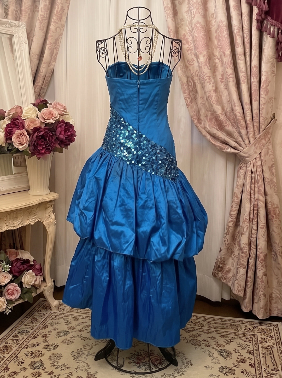 A-Line/Princess Strapless Taffeta Prom Dresses Vintage 80s Iridescent Dress Sequins Sleeveless Asymmetrical Tea-Length