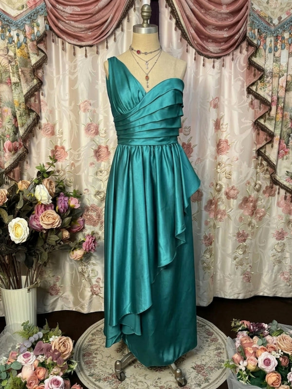 A-Line/Princess One-Shoulder Taffeta Prom Dresses Vintage 80s Iridescent Dress Sleeveless Floor-Length Ruffles