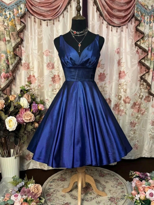 A-Line/Princess V-Neck Taffeta Prom Dresses Vintage 80s Iridescent Dress Sleeveless Tea-Length Pleated