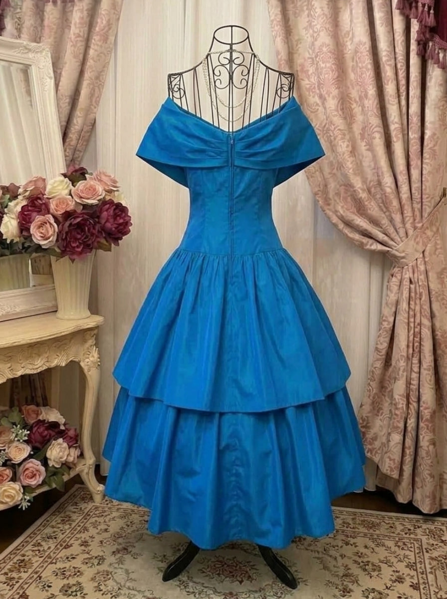 A-Line/Princess Off-the-Shoulder Taffeta Prom Dresses Vintage 80s Iridescent Dress Sleeveless Tea-Length 3D Flower