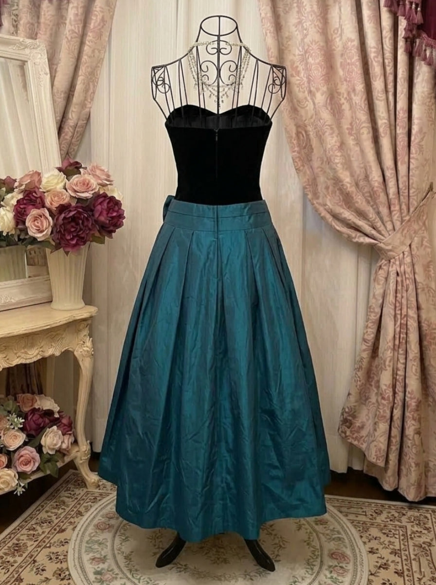 A-Line/Princess Strapless Taffeta Prom Dresses with Bowknot Vintage 80s Iridescent Dress Sleeveless Tea-Length