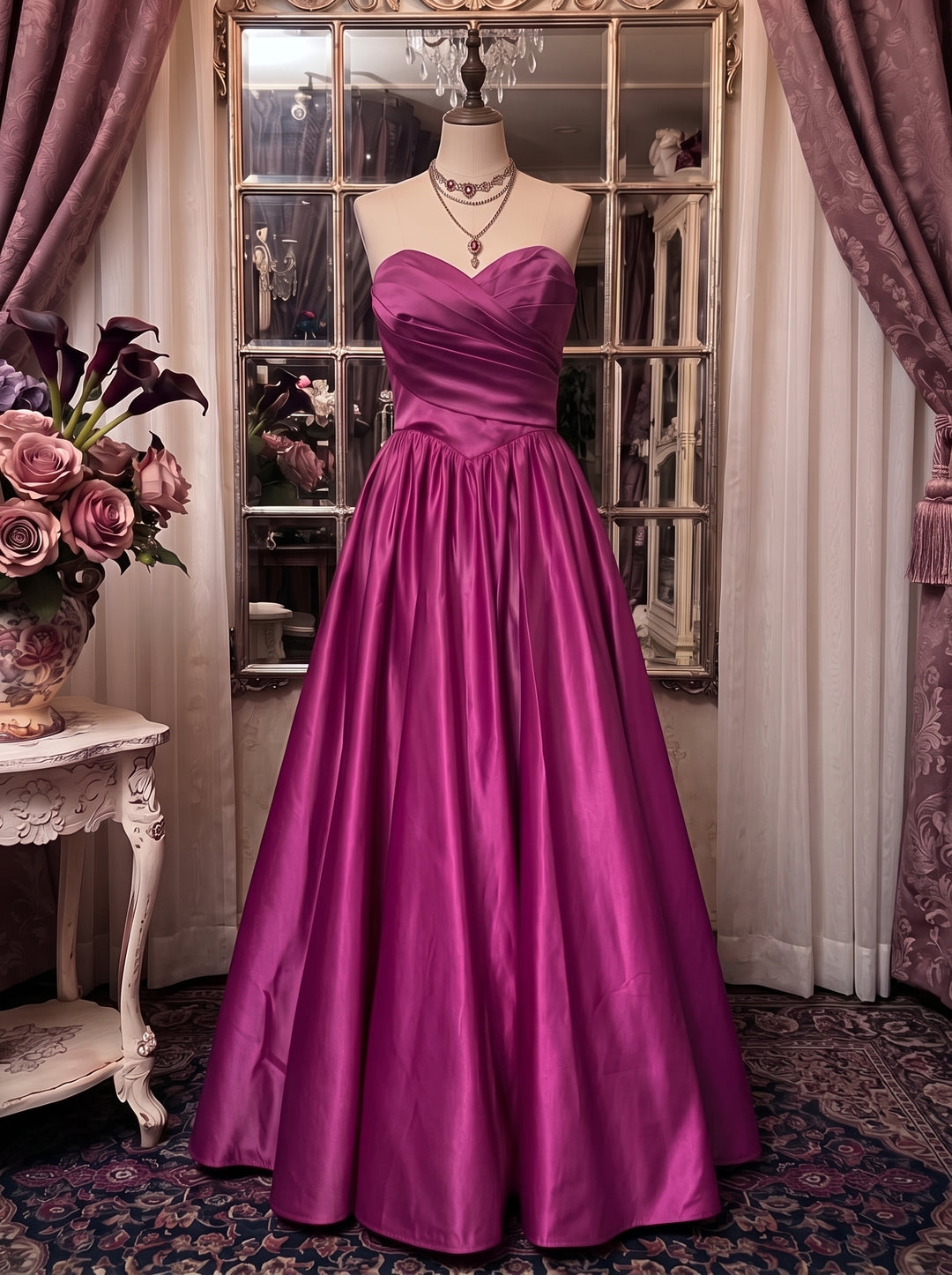 A-Line/Princess Strapless Taffeta Prom Dresses Ruched Vintage 80s Iridescent Dress Sleeveless Ankle-Length