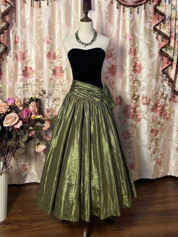 A-Line/Princess Strapless Taffeta Prom Dresses with Bowknot Vintage 80s Iridescent Dress Sleeveless Ankle-Length