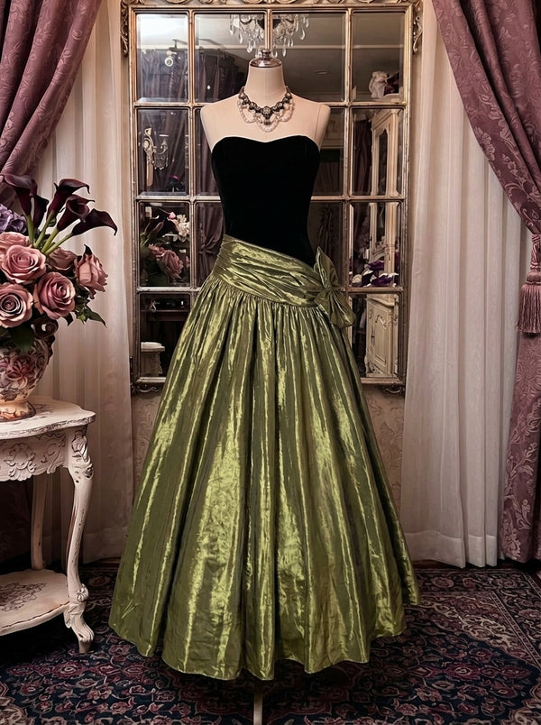 A-Line/Princess Strapless Taffeta Prom Dresses with Bowknot Vintage 80s Iridescent Dress Sleeveless Ankle-Length