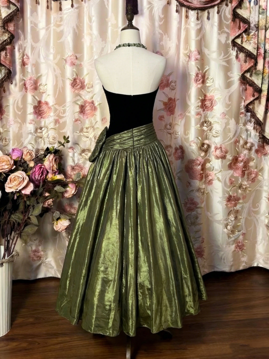 A-Line/Princess Strapless Taffeta Prom Dresses with Bowknot Vintage 80s Iridescent Dress Sleeveless Ankle-Length