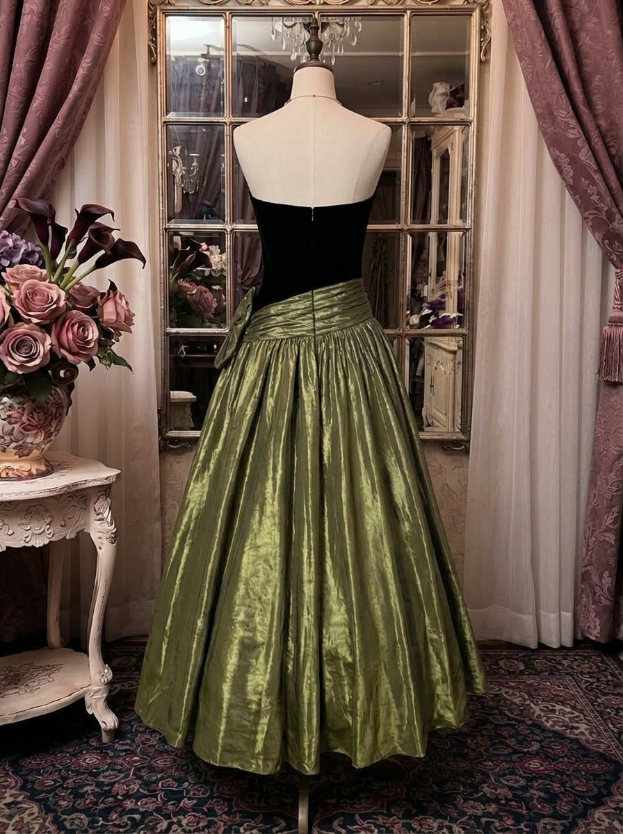 A-Line/Princess Strapless Taffeta Prom Dresses with Bowknot Vintage 80s Iridescent Dress Sleeveless Ankle-Length