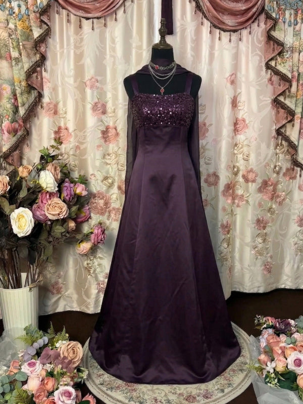 A-Line/Princess Spaghetti Straps Taffeta Prom Dresses with Wrap Vintage 80s Iridescent Dress Sequins Sleeveless Floor-Length