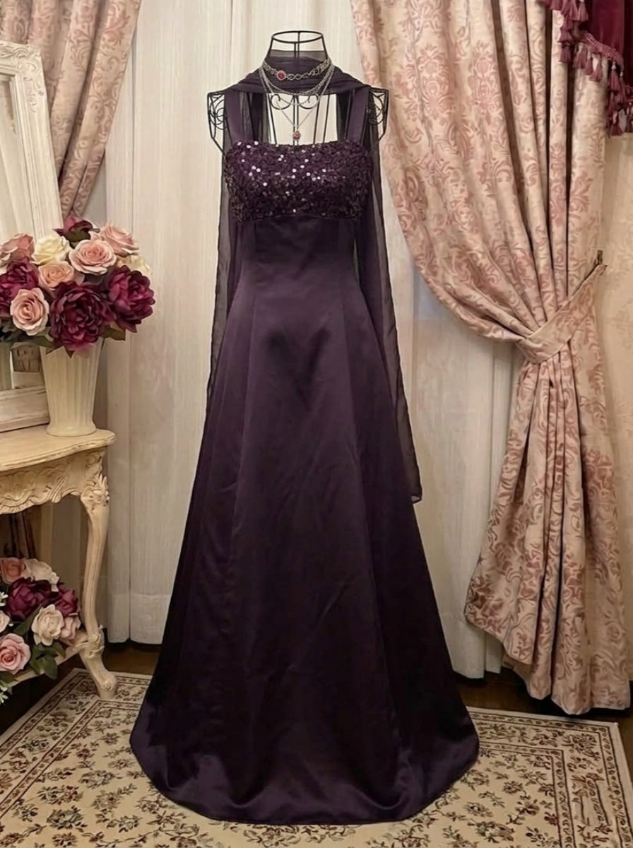 A-Line/Princess Spaghetti Straps Taffeta Prom Dresses with Wrap Vintage 80s Iridescent Dress Sequins Sleeveless Floor-Length