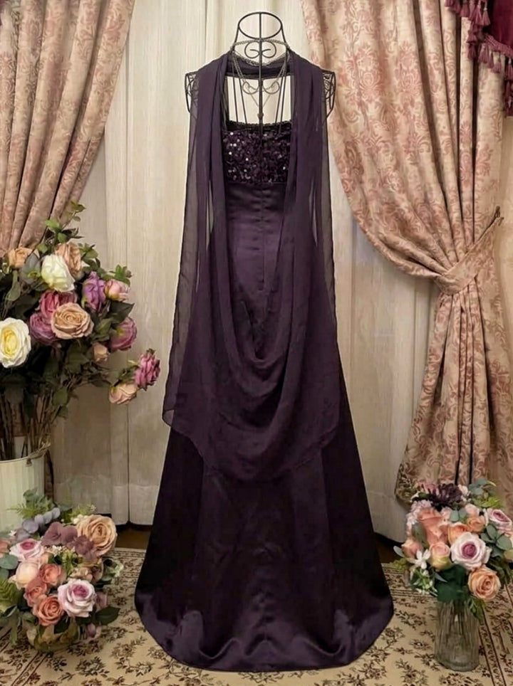 A-Line/Princess Spaghetti Straps Taffeta Prom Dresses with Wrap Vintage 80s Iridescent Dress Sequins Sleeveless Floor-Length