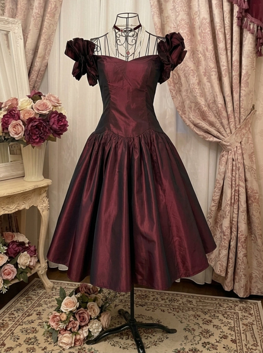 A-Line/Princess Sweetheart Taffeta Prom Dresses Vintage 80s Iridescent Dress Puff Sleeves Tea-Length Pleated