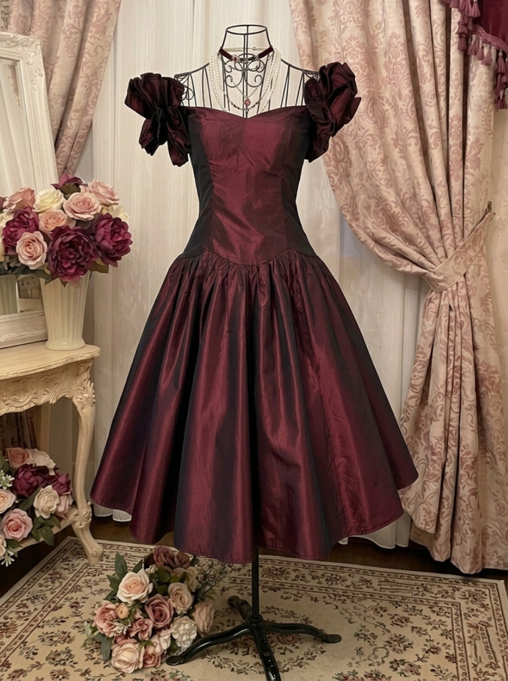A-Line/Princess Sweetheart Taffeta Prom Dresses Vintage 80s Iridescent Dress Puff Sleeves Tea-Length Pleated