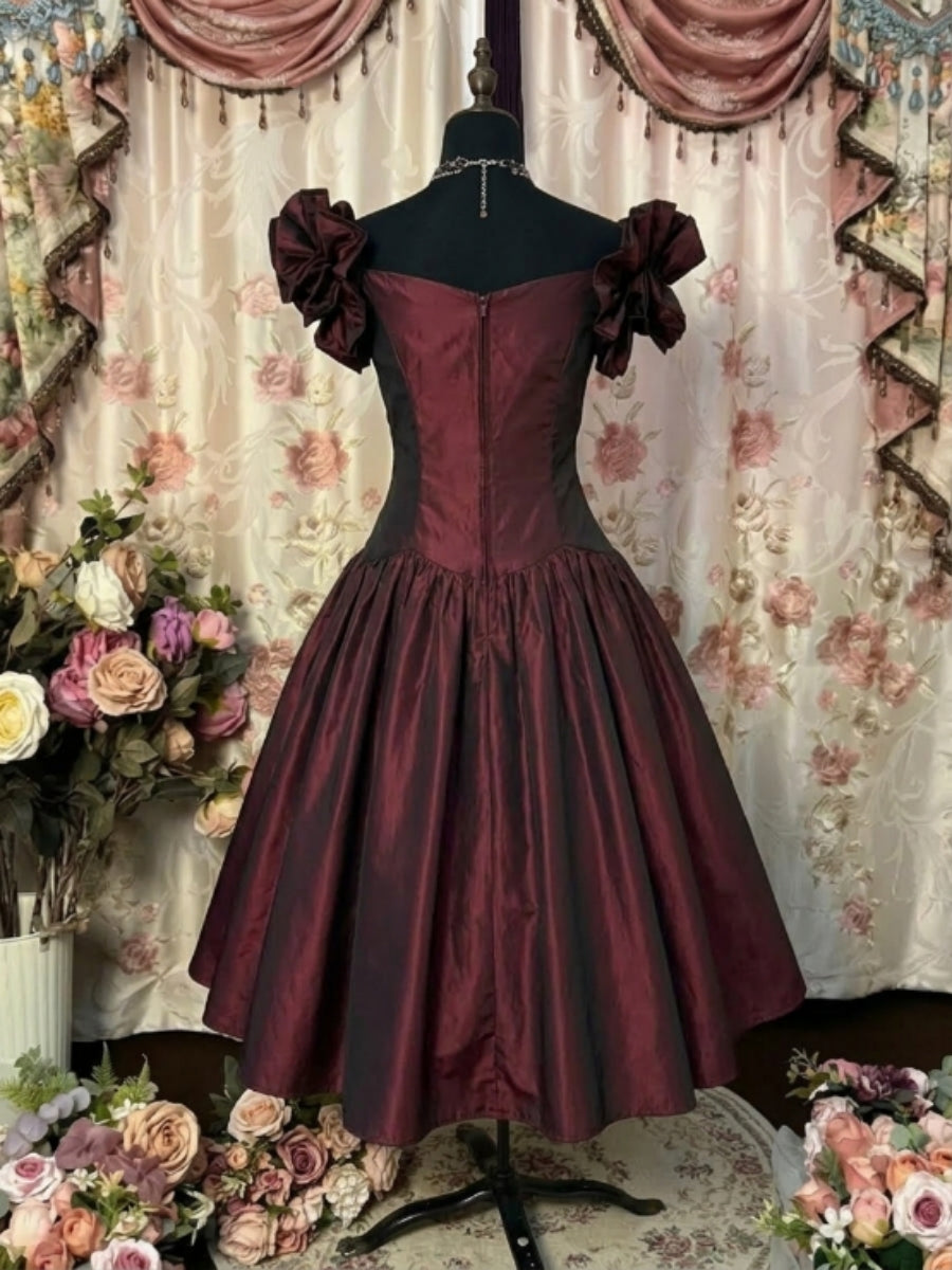 A-Line/Princess Sweetheart Taffeta Prom Dresses Vintage 80s Iridescent Dress Puff Sleeves Tea-Length Pleated