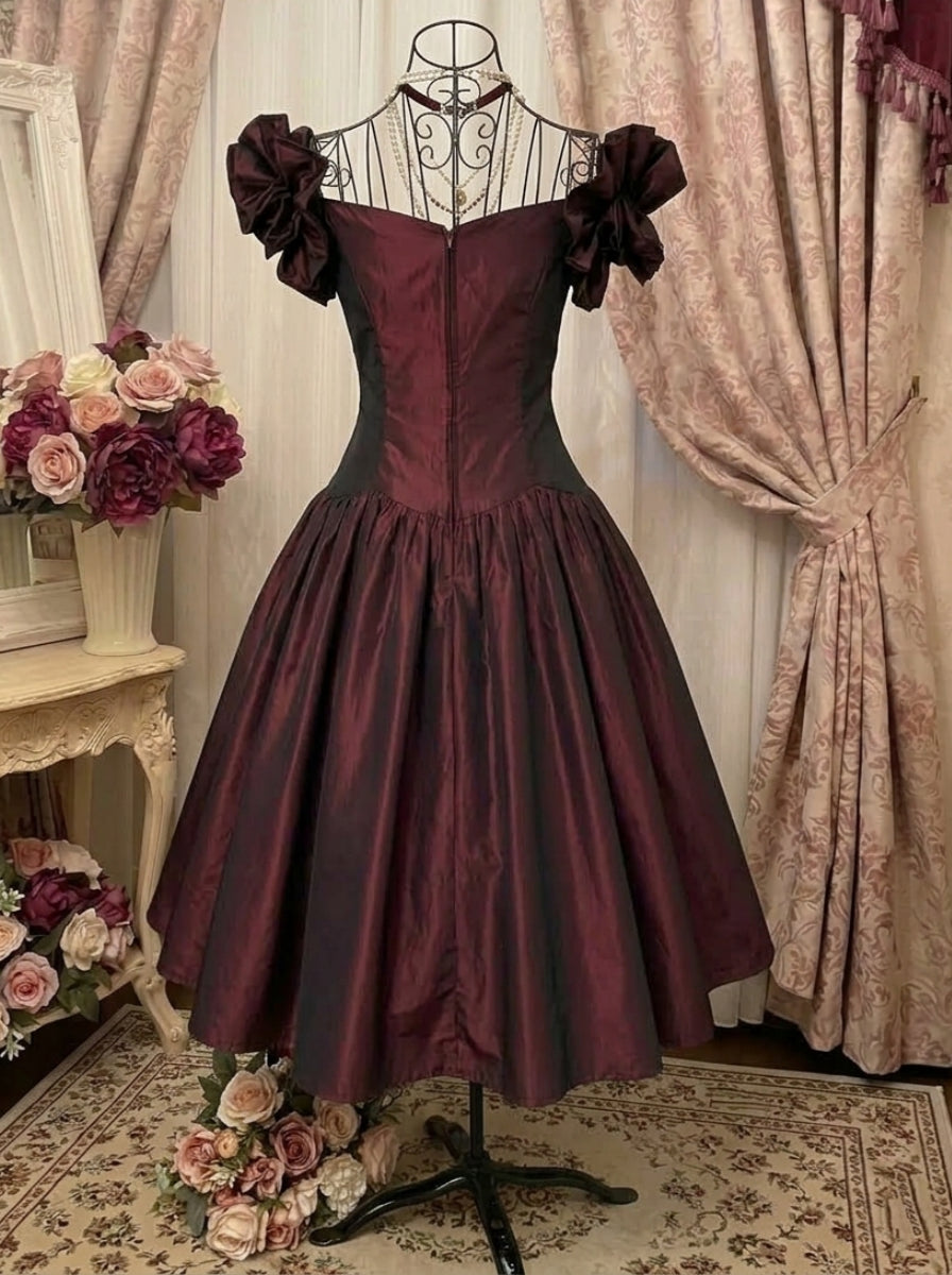 A-Line/Princess Sweetheart Taffeta Prom Dresses Vintage 80s Iridescent Dress Puff Sleeves Tea-Length Pleated
