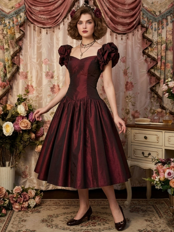 A-Line/Princess Sweetheart Taffeta Prom Dresses Vintage 80s Iridescent Dress Puff Sleeves Tea-Length Pleated