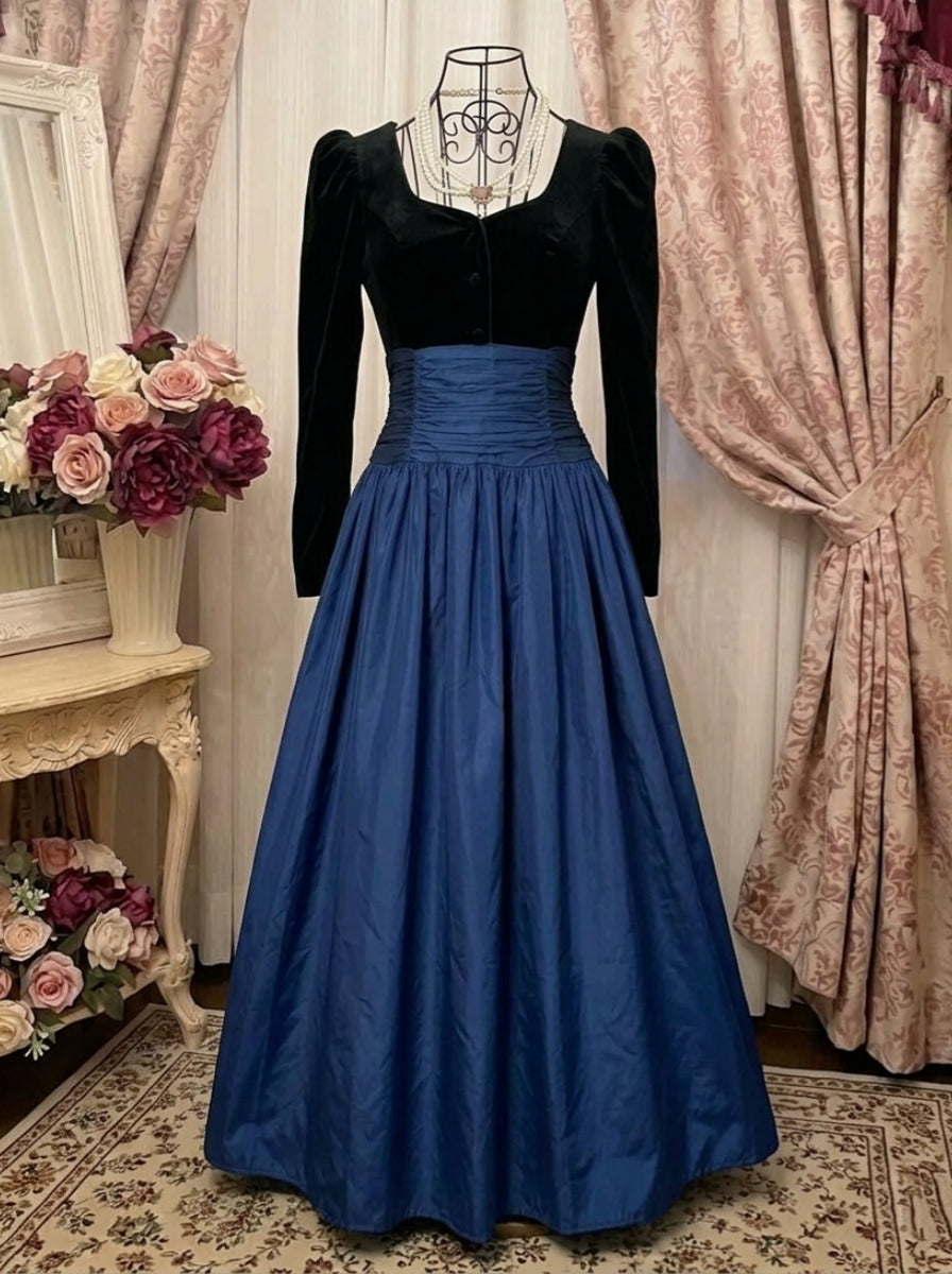 A-Line/Princess Square Collar Taffeta Prom Dresses Pleated Vintage 80s Iridescent Dress Long Sleeves Ankle-Length