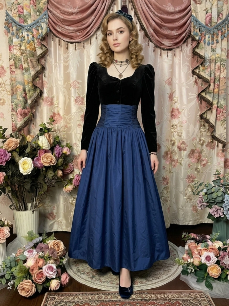 A-Line/Princess Square Collar Taffeta Prom Dresses Pleated Vintage 80s Iridescent Dress Long Sleeves Ankle-Length