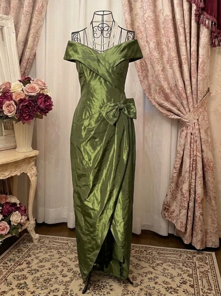 A-Line/Princess Off-the-Shoulder Taffeta Prom Dresses with Split Side Vintage 80s Iridescent Dress Sleeveless Ankle-Length Bowknot