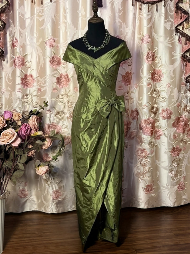 A-Line/Princess Off-the-Shoulder Taffeta Prom Dresses with Split Side Vintage 80s Iridescent Dress Sleeveless Ankle-Length Bowknot