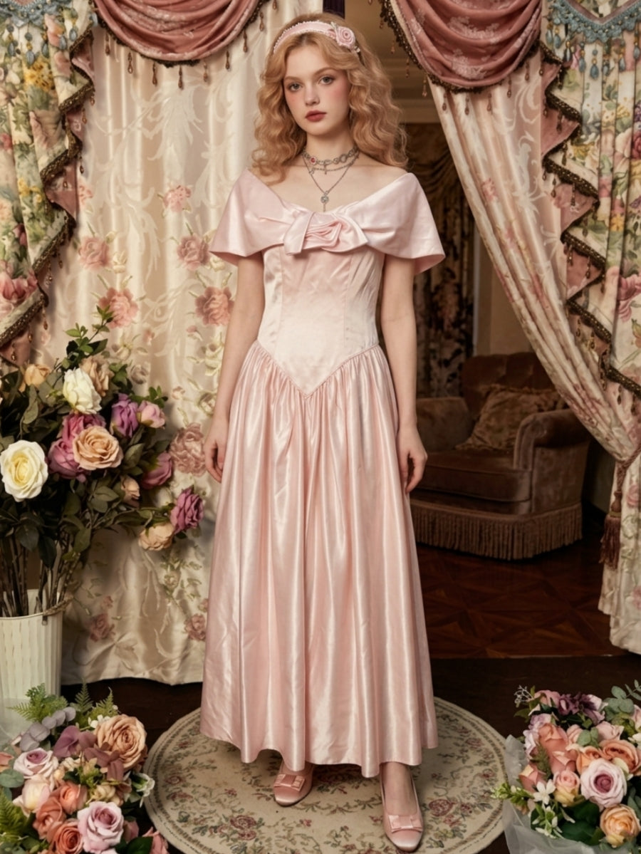 A-Line/Princess Off-the-Shoulder Taffeta Prom Dresses Vintage 80s Iridescent Dress Sleeveless 3D Flower Ankle-Length, Pink