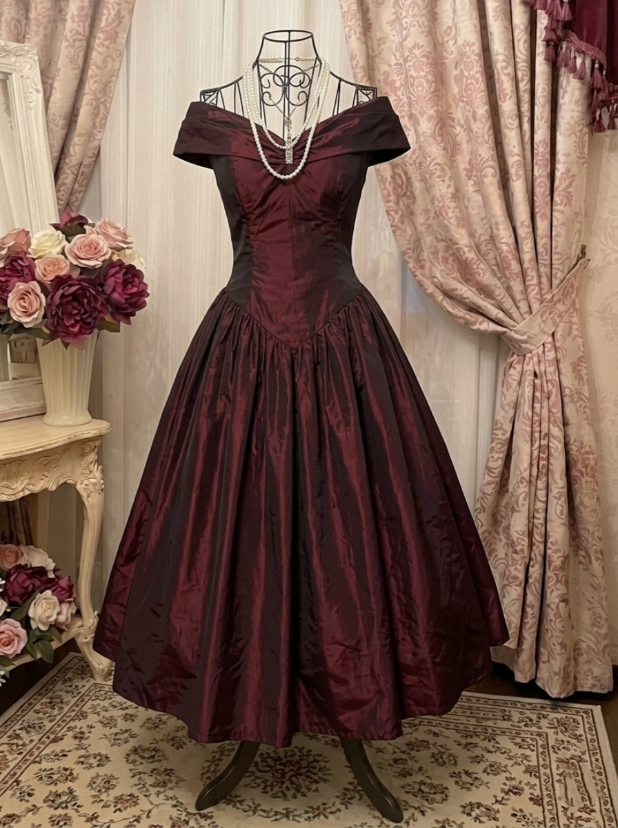A-Line/Princess Off-the-Shoulder Taffeta Prom Dresses Vintage 80s Iridescent Dress Sleeveless Pleated Ankle-Length