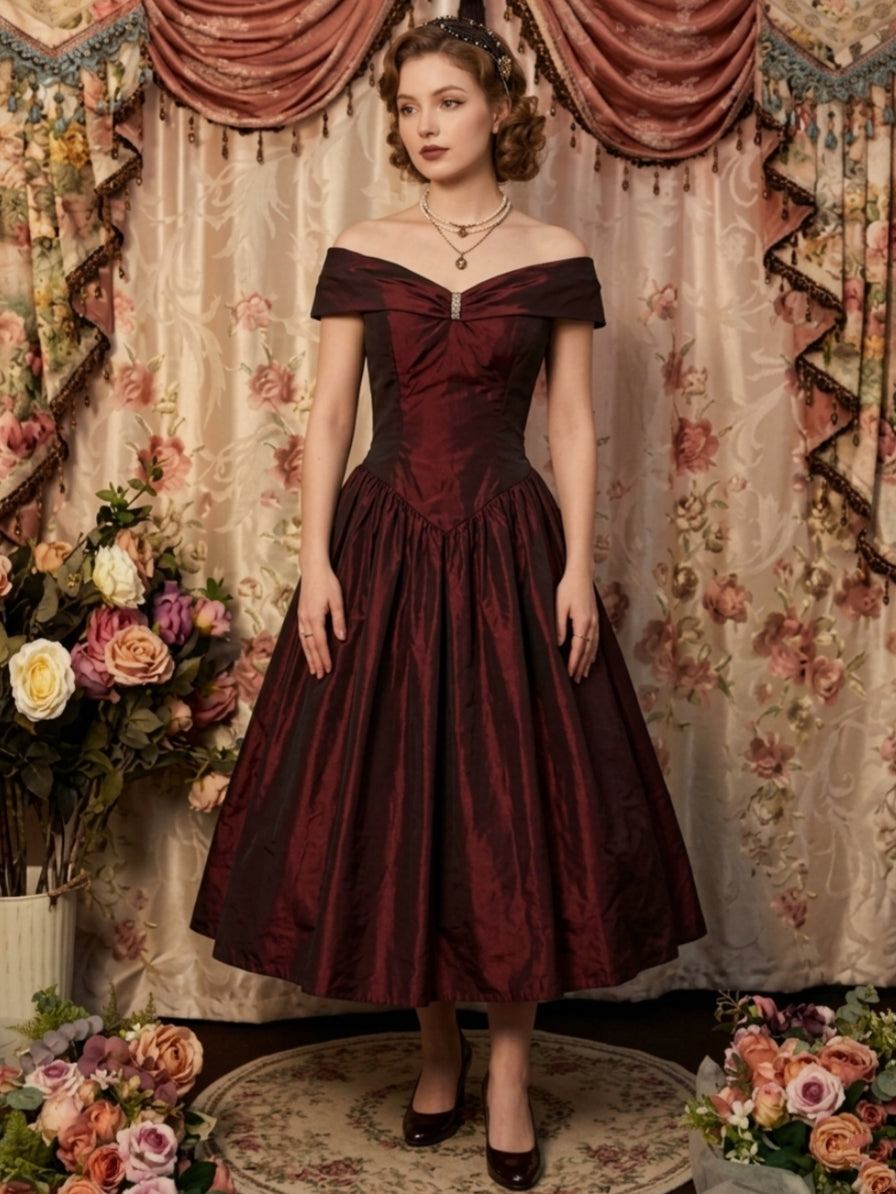 A-Line/Princess Off-the-Shoulder Taffeta Prom Dresses Vintage 80s Iridescent Dress Sleeveless Pleated Ankle-Length