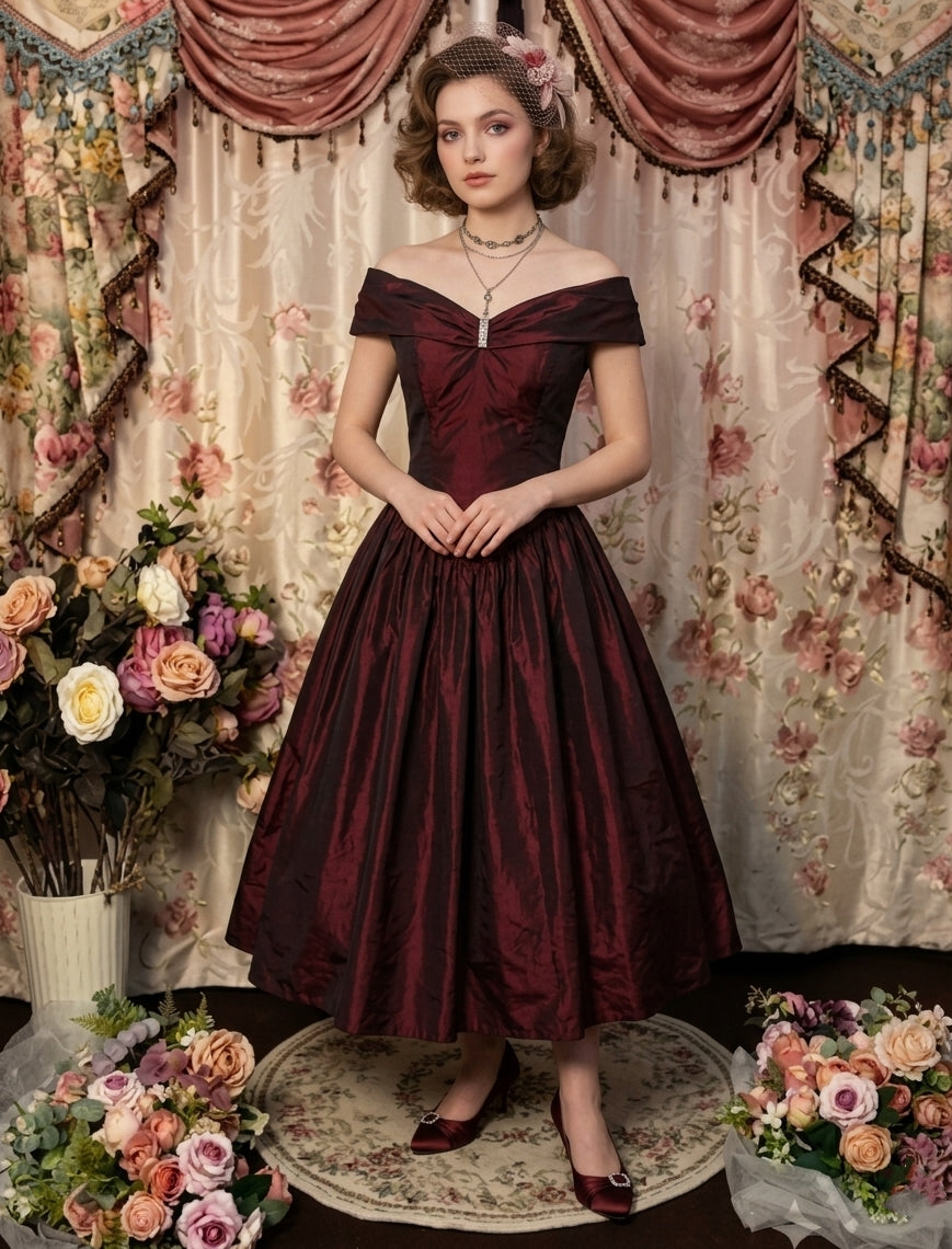 A-Line/Princess Off-the-Shoulder Taffeta Prom Dresses Vintage 80s Iridescent Dress Sleeveless Pleated Ankle-Length