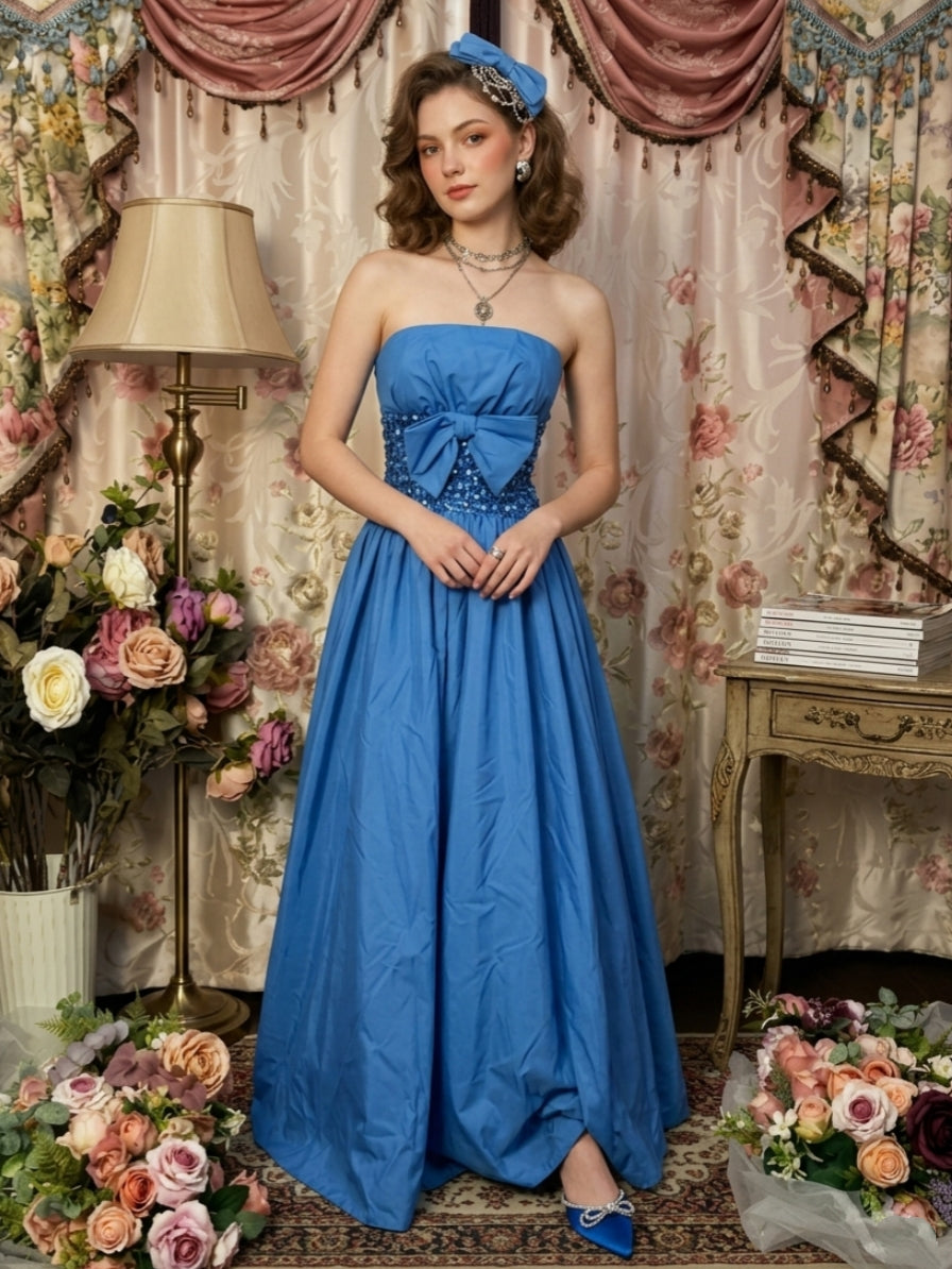 A-Line/Princess Strapless Taffeta Prom Dresses Bowknot Vintage 80s Iridescent Dress Sequins Sleeveless Floor-Length