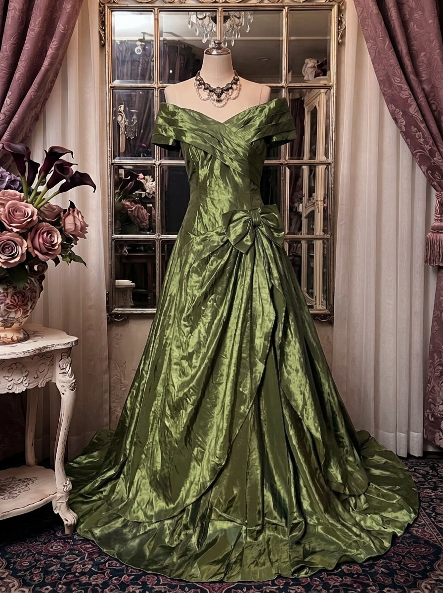 A-Line/Princess Off-the-Shoulder Taffeta Prom Dresses Bowknot Vintage 80s Iridescent Dress Ruched Sleeveless Floor-Length