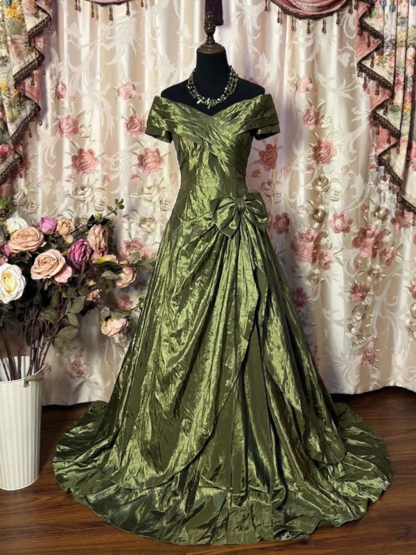 A-Line/Princess Off-the-Shoulder Taffeta Prom Dresses Bowknot Vintage 80s Iridescent Dress Ruched Sleeveless Floor-Length