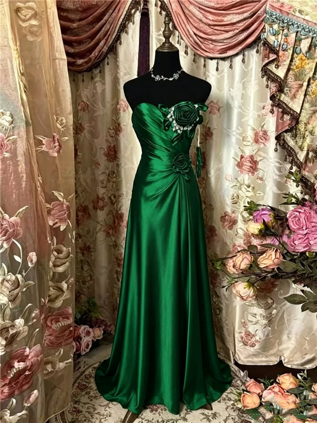 A-Line/Princess Strapless Taffeta Prom Dresses Vintage 80s Iridescent Dress Sleeveless Floor-Length 3D Flower, Emerald