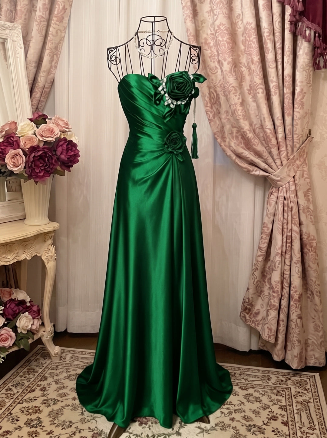 A-Line/Princess Strapless Taffeta Prom Dresses Vintage 80s Iridescent Dress Sleeveless Floor-Length 3D Flower