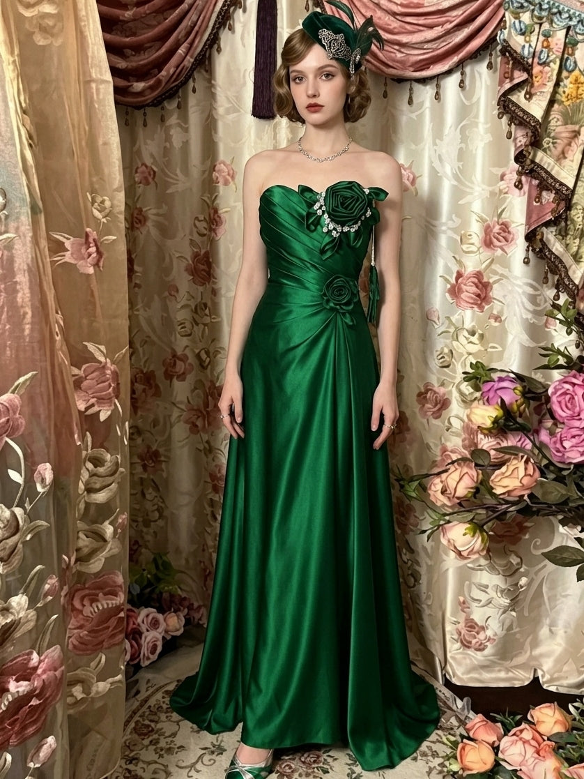 A-Line/Princess Strapless Taffeta Prom Dresses Vintage 80s Iridescent Dress Sleeveless Floor-Length 3D Flower, Emerald