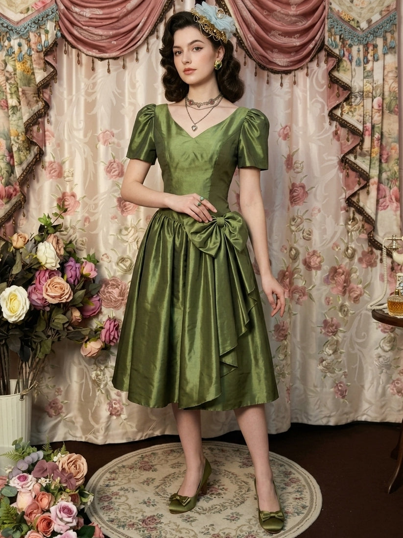 A-Line/Princess V-Neck Taffeta Prom Dresses Bowknot Vintage 80s Iridescent Dress Short Sleeves Tea-Length