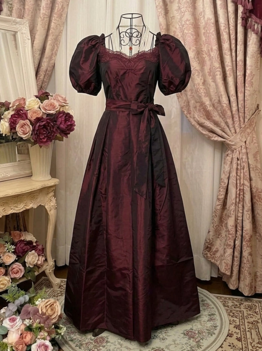 A-Line/Princess Square Collar Taffeta Prom Dresses Vintage 80s Iridescent Dress Short Sleeves Ankle-Length