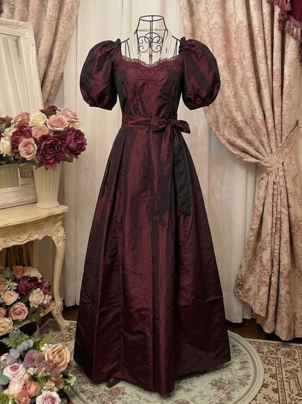 A-Line/Princess Square Collar Taffeta Prom Dresses Vintage 80s Iridescent Dress Short Sleeves Ankle-Length