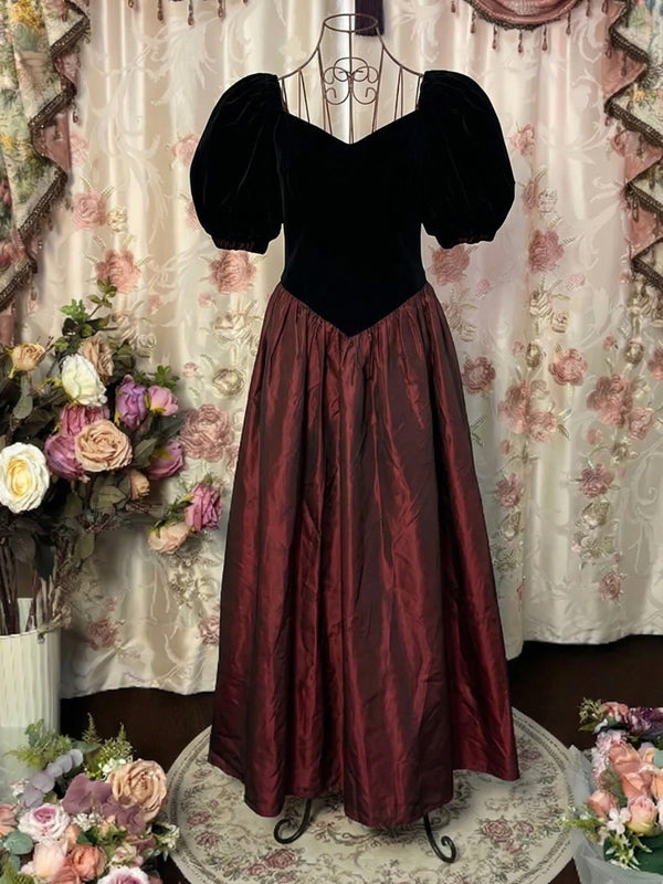A-Line/Princess Square Collar Taffeta Prom Dresses Vintage 80s Iridescent Dress Short Sleeves Ankle-Length