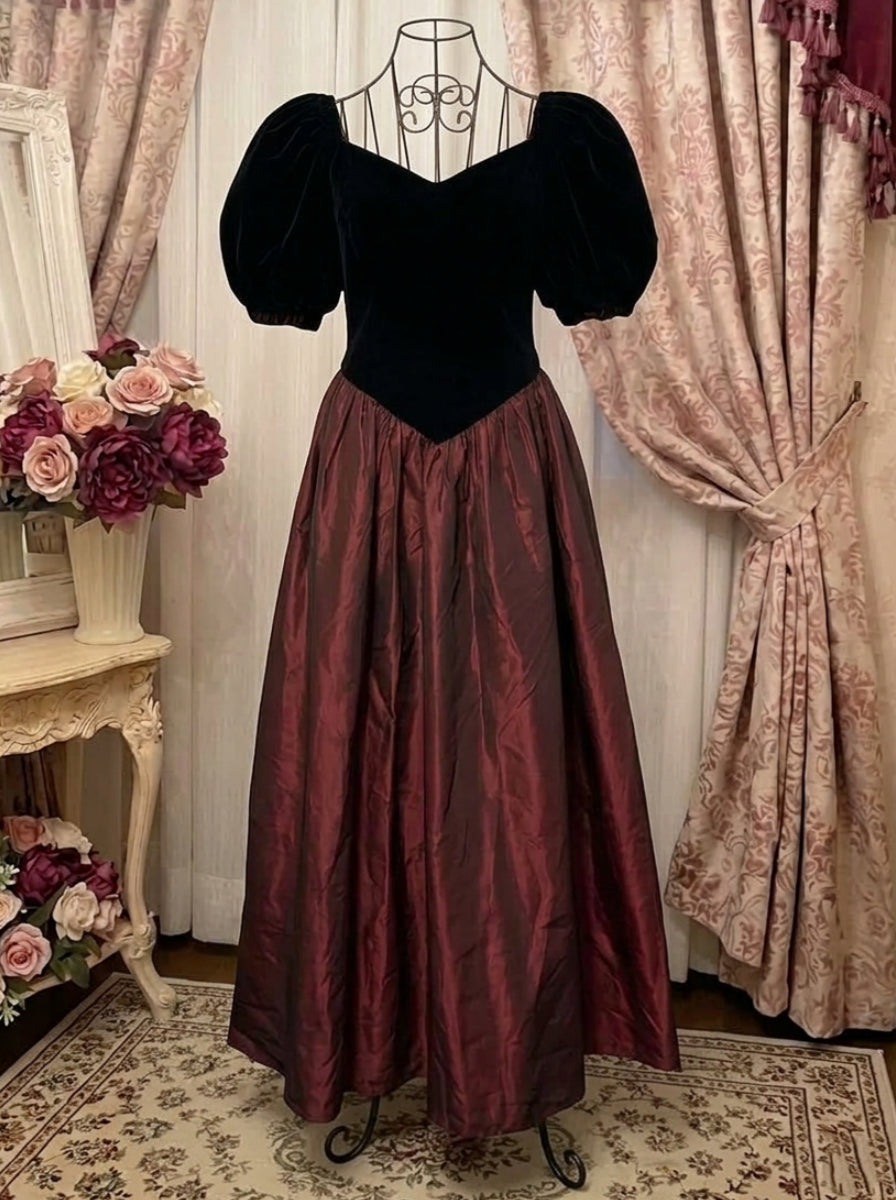 A-Line/Princess Square Collar Taffeta Prom Dresses Vintage 80s Iridescent Dress Short Sleeves Ankle-Length