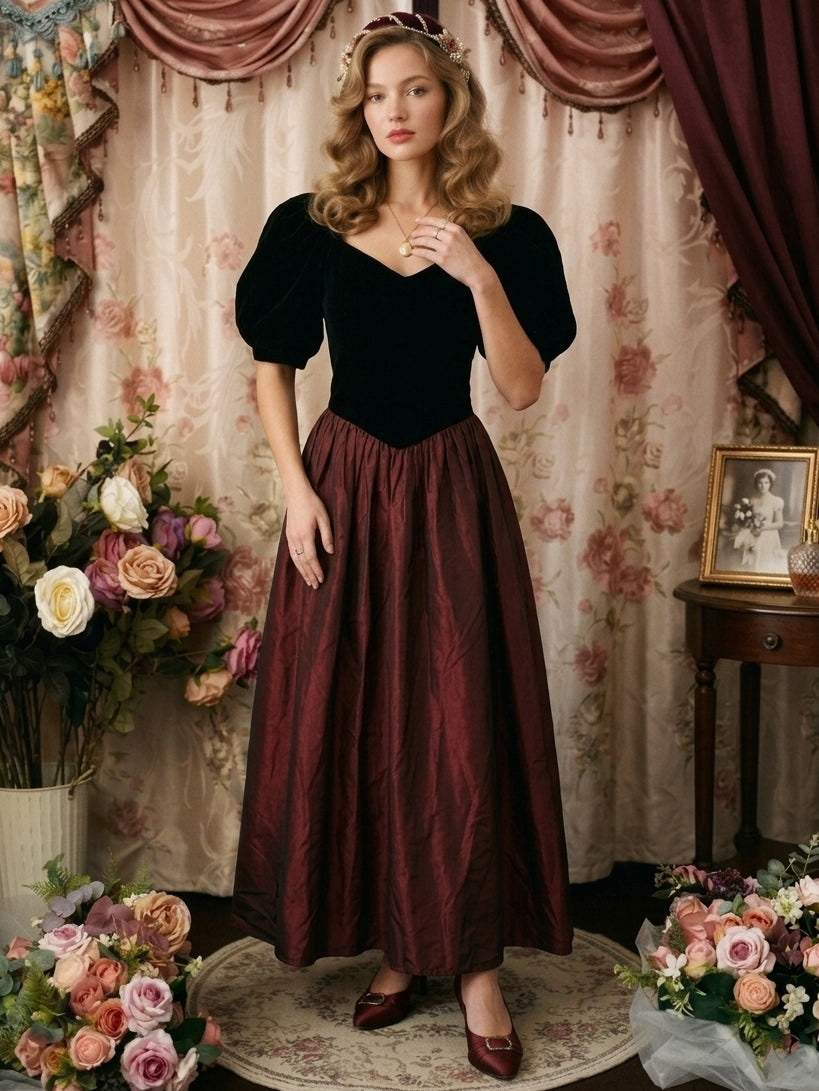 A-Line/Princess Square Collar Taffeta Prom Dresses Vintage 80s Iridescent Dress Short Sleeves Ankle-Length