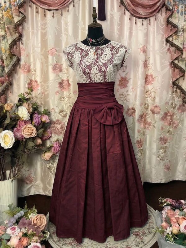 A-Line/Princess Scoop Taffeta Prom Dresses Bowknot Vintage 80s Iridescent Lace Dress Short Sleeves Ankle-Length