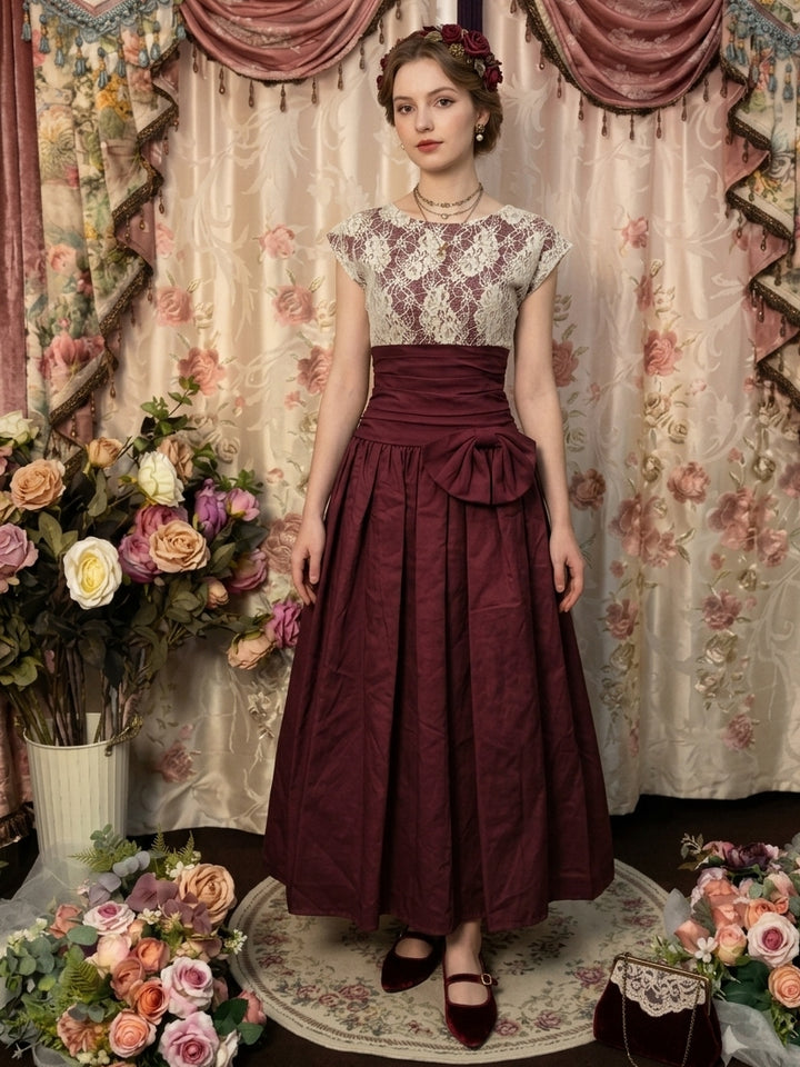 A-Line/Princess Scoop Taffeta Prom Dresses Bowknot Vintage 80s Iridescent Lace Dress Short Sleeves Ankle-Length, Burgundy