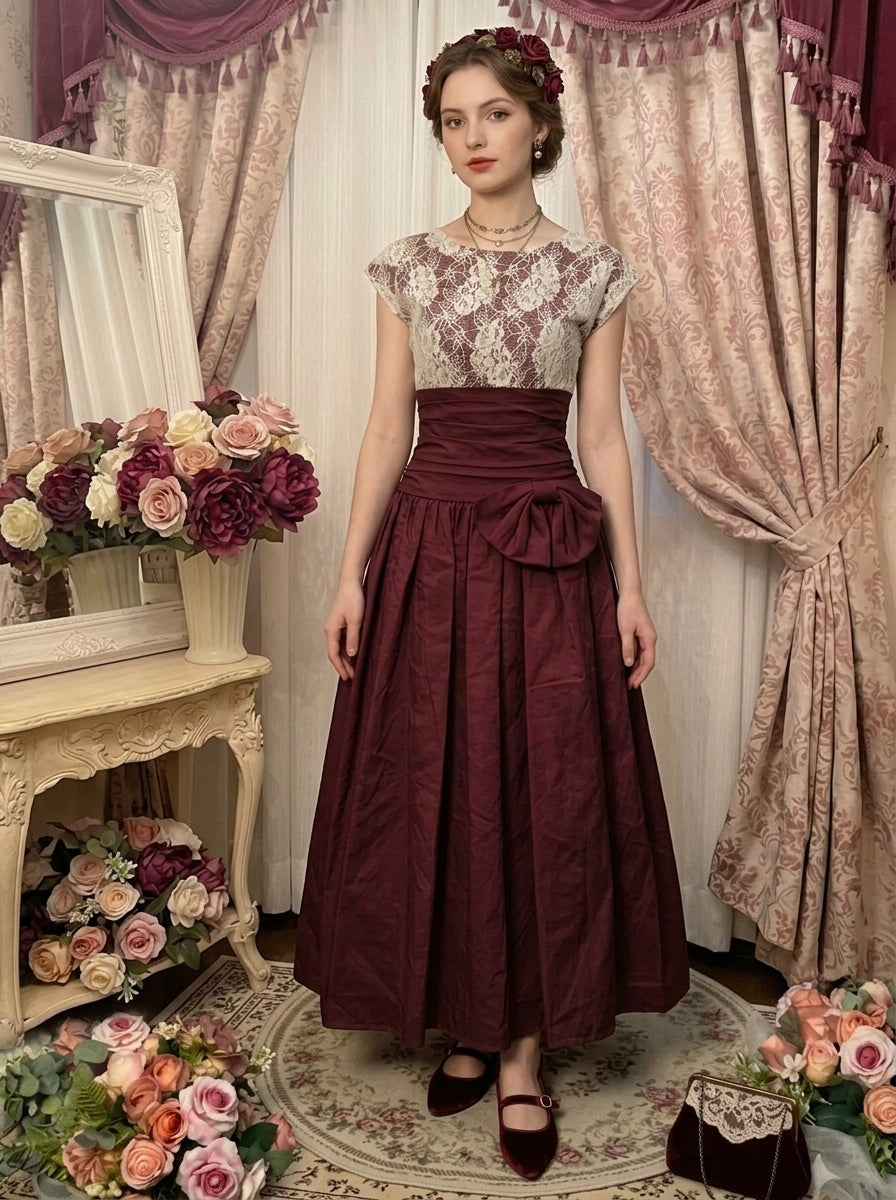 A-Line/Princess Scoop Taffeta Prom Dresses Bowknot Vintage 80s Iridescent Lace Dress Short Sleeves Ankle-Length