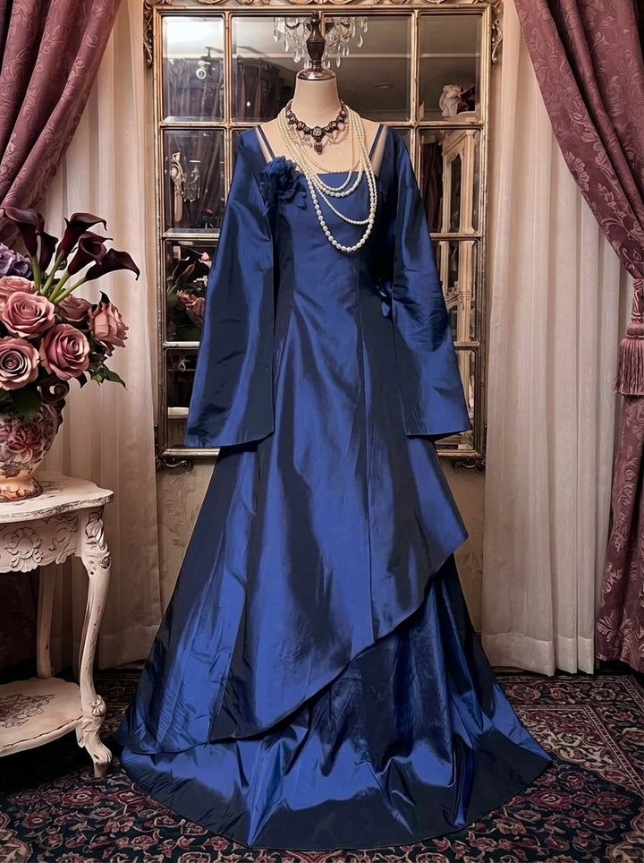 A-Line/Princess Spaghetti Straps Taffeta Prom Dresses Bowknot Vintage 80s Iridescent Dress Sleeveless FLoor-Length With 3D Flowers&Wrap