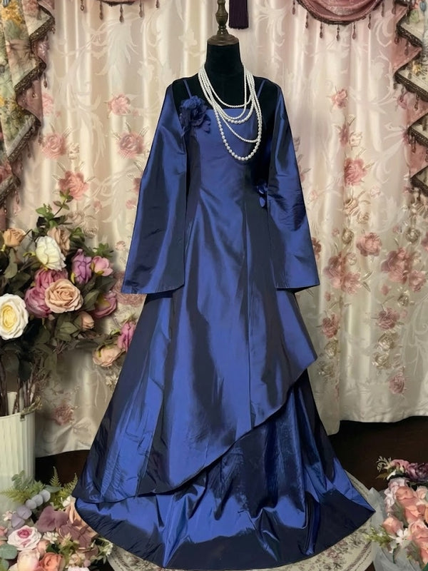 A-Line/Princess Spaghetti Straps Taffeta Prom Dresses Bowknot Vintage 80s Iridescent Dress Sleeveless FLoor-Length With 3D Flowers&Wrap