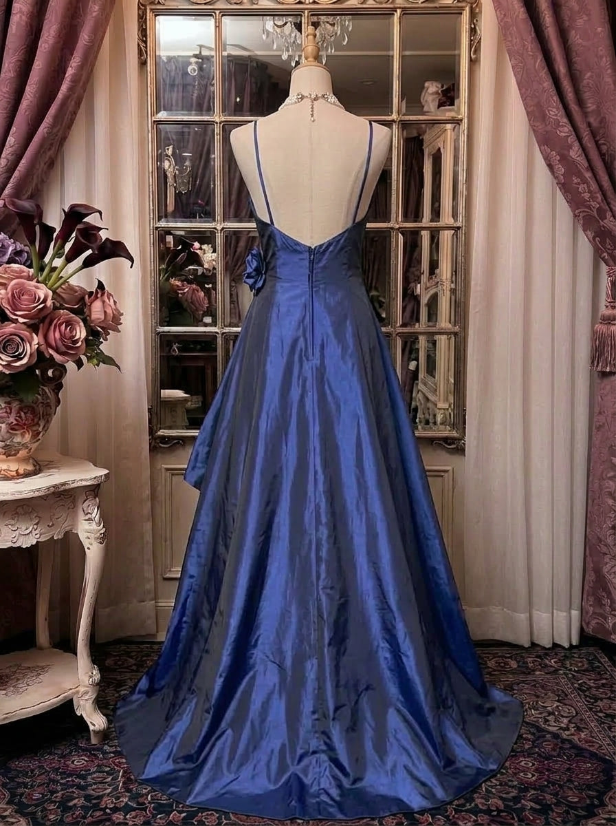 A-Line/Princess Spaghetti Straps Taffeta Prom Dresses Bowknot Vintage 80s Iridescent Dress Sleeveless FLoor-Length With 3D Flowers&Wrap