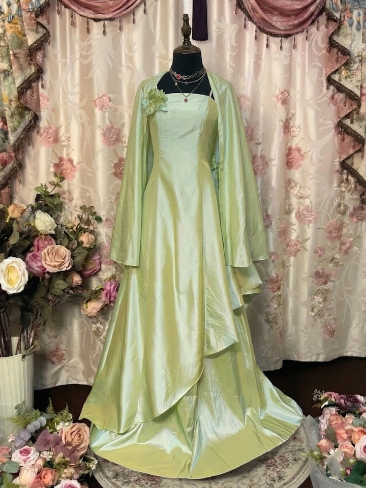 A-Line/Princess Spaghetti Straps Taffeta Prom Dresses Bowknot Vintage 80s Iridescent Dress Sleeveless FLoor-Length With 3D Flowers&Wrap