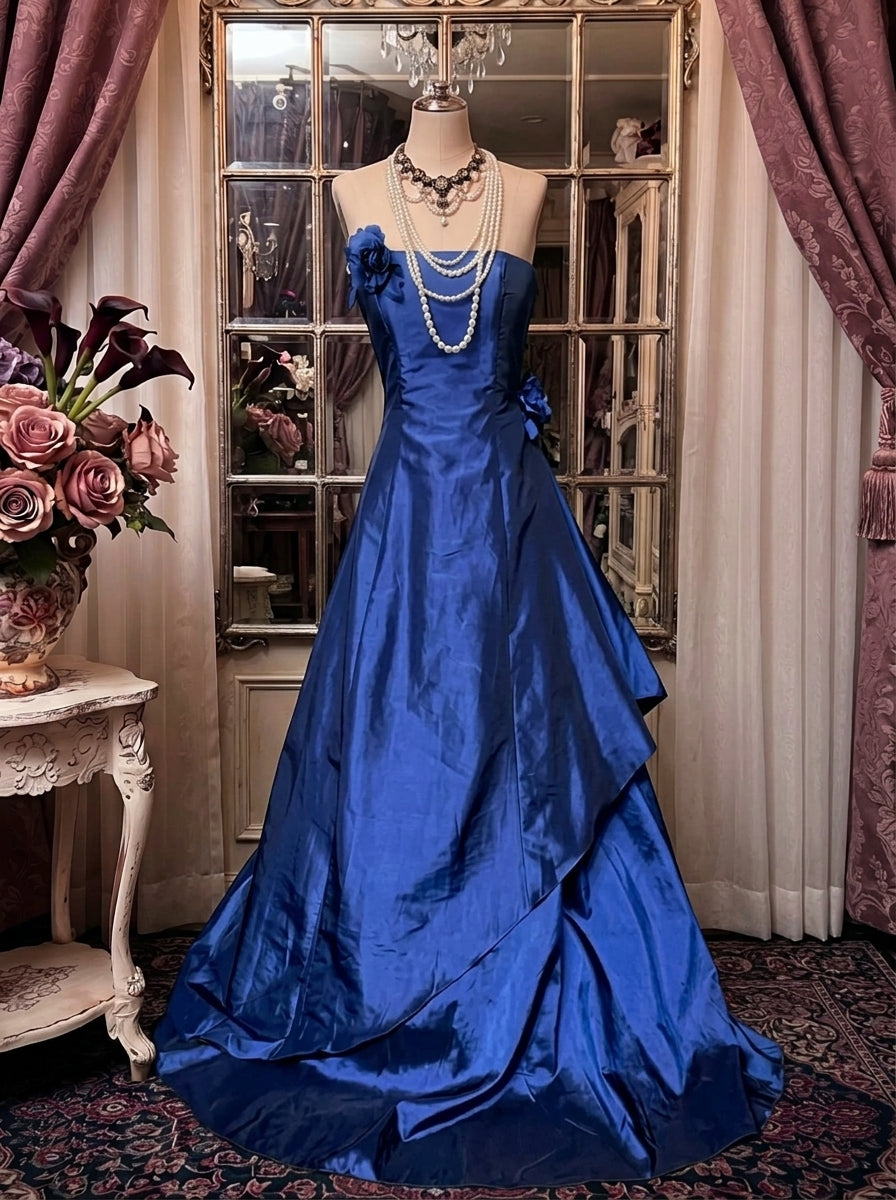 A-Line/Princess Spaghetti Straps Taffeta Prom Dresses Bowknot Vintage 80s Iridescent Dress Sleeveless FLoor-Length With 3D Flowers&Wrap