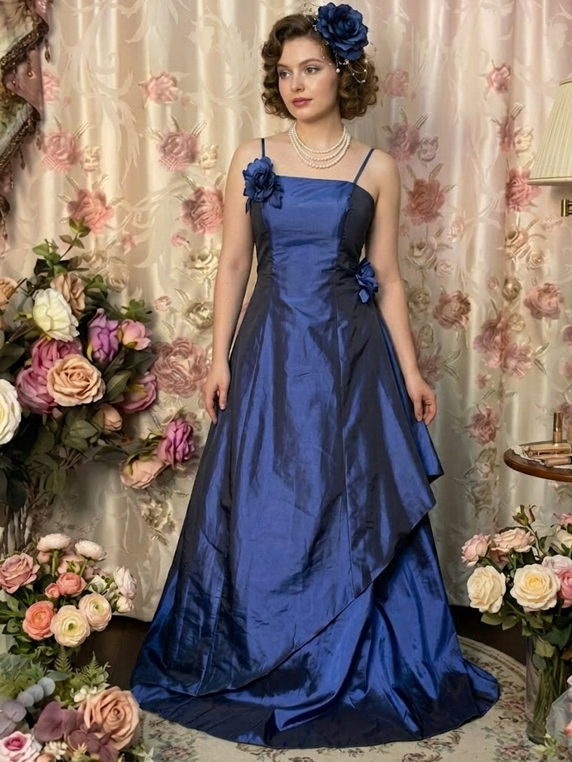 A-Line/Princess Spaghetti Straps Taffeta Prom Dresses Bowknot Vintage 80s Iridescent Dress Sleeveless FLoor-Length With 3D Flowers&Wrap