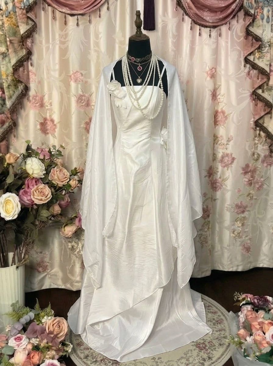 A-Line/Princess Spaghetti Straps Taffeta Prom Dresses Bowknot Vintage 80s Iridescent Dress Sleeveless FLoor-Length With 3D Flowers&Wrap